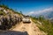 Fushe Lure, Albania - July 25, 2019. Vintage off road car going on dirt road in National park Lure, Albania