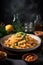 Fusilli pasta with bottarga and pesto. Italian Food