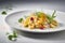 Fusilli pasta on white plate. Italian food