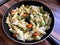Fusilli Spiral Auger Pasta Spaghetti with Boiled Vegetables in Pan