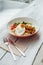 Fusion food Rice bowl toppings kimchi pork, organic fried egg, Korean eggplant and salad