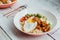 Fusion food Rice bowl toppings kimchi pork, organic fried egg, Korean eggplant and salad