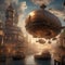 A fusion of steampunk and fantasy, showcasing airships sailing through skies filled with magic1