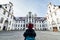 FUSSEN, GERMANY - DECEMBER 2018: woman standing in the backyard of Benedictine monastery of St. Mang