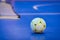 Futsal Ball on Blue Indoor Field. Blue Futsal Training Pitch.