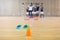 Futsal Training Field. Indoor Soccer Practice Session. Kids with Coach Training Football
