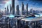 Future city 3D scene. Futuristic cityscape illustration with fantastic skyscrapers, towers, tall buildings, flying vehicles.
