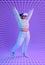 Future, dance or woman in vr or metaverse on purple background gaming, cyberpunk or scifi on digital overlay. Dancing