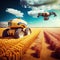 Future farm life, heat field with HD drones, robots, satellites and tractors. Ai generative