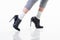 The future of fashion. walking woman in black shoes. shoe shop. fashion and beauty. denim style. female shoes trend