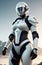 Future female soldier in cybernetic metal full body armor, superhero fantastic and futuristic background. Generative Ai