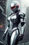 Future female soldier in cybernetic metal full body armor, superhero fantastic and futuristic background. Generative Ai