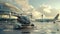 The future of individual aviation: Quadcopter flying taxi parked at the airport at sunset, with airplanes in the