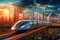 the future new energy high speed train travelling past a city created with Generative Al technology