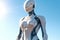 Future robotic machine technology. Closeup female robot iron body stylish design. Fantastic costume for game character on blue sky