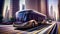 The future of transportation: sleek autonomous bus glides down the city street, Generative AI