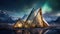 Future wooden architecture city snow mountains aurora borealis glacier