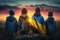 Futures of Freedom: Children with Ukrainian Flags Gazing at Sunset, a Hopeful Symbol of a Brighter Tomorrow