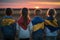 Futures of Freedom: Children with Ukrainian Flags Gazing at Sunset, a Hopeful Symbol of a Brighter Tomorrow
