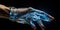 Futurism photography of hand of humanoids android cyborg designed by fashion designer on a crystal transparent screen AI