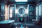 Futurist bathroom with a mirror. Black and blue walls. Real estate. Renovation company. Home improvement. Home enhancement. Real e