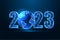 Futuristic 2023 New Year digital web banner with glowing 2023 digits and planet Earth globe on blue