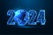 Futuristic 2024 New Year digital web banner with glowing 2023 digits and planet Earth globe on blue