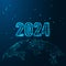 Futuristic 2024 web banner with 2023 digits and planet Earth map on dark blue background.