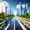 Futuristic 3D Rendering: Abstract Highway Path Through Digital Binary Towers in the City - Big Data Concept