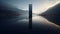 Futuristic Abstract Black Pole On Lake With Scottish Landscape