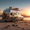 Futuristic AI-generated RV camper van. An adventurous explorer camping at the beach during sunset. Concept of adventure travel