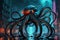 Futuristic AI Kraken: Robot Tentacles with Advanced Technology, Central Core Emitting a Menacing Glow