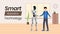 Futuristic ai technology vector banner template. Young man and humanoid robot shaking hands characters. Artificial