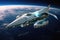 A futuristic aircraft in space with planet earth in the background created with generative AI technology