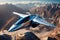Futuristic airplane soaring against a backdrop of set of mountains with hoovering clouds
