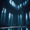 Futuristic Alien Mothership Hall, Flying Castle, Throne Room Interior Hallway, Dark with Lights Glowing, Generative AI