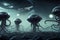 Futuristic aliens with tentacles. 3D illustration of science fiction space invaders galaxy monsters