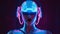 Futuristic android neon cyberpunk. Hardwired cyberpunk 3D illustration of science fiction cyberpunk muscular male woman