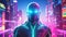 Futuristic android neon cyberpunk. Hardwired cyberpunk 3D illustration of science fiction cyberpunk muscular male woman