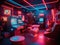 Futuristic arcade room with neon games and holographic posters