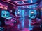 Futuristic arcade room with neon games and holographic posters