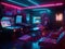 Futuristic arcade room with neon games and holographic posters