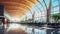 futuristic architecture in modern airport with view through very big windows to the gate.