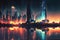 Futuristic architecture, night scenery, city on the coast, cyberpunk art