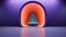 Futuristic armchair in oval orange capsule in empty violet room. Abstract interior with bright neon colors. 3D rendering