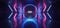 Futuristic Arrow Shaped Neon Lights Glowing Vibrant Blue Purple Corridor Grunge Concrete Dark Reflective Virtual Podium Garage
