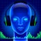 Futuristic artificial head in blue light with headphones and green graphic equalizer