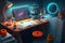 Futuristic artist\\\'s desk with materials and tools