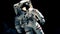 Futuristic astronaut in black space suit explores galaxy with robotic companion generated by AI