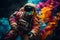 Futuristic astronaut in high-tech cosmosuit on colorful surface with captivating space background